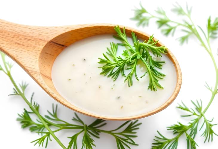 Wooden Spoon with Dill Shreds for Soup Culinary Ingredient Isolated on White